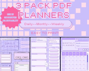 3-Pack Pdf Planners! Cute Purple Pixel style! Ipad or Printable! DAILY WEEKLY and MONTHLY