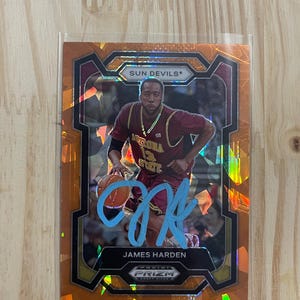 Dédicace de James Harden sur la carte Carte de basket Prizm auto orange, glace fissurée