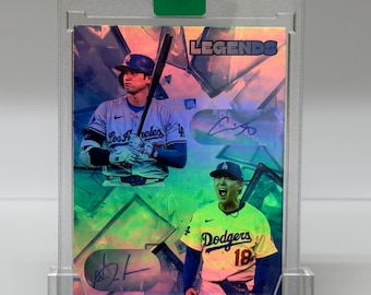 Tarjeta de béisbol de los Dodgers con diseño de refractor de cristal roto, réplica facsímil, de Shohei Ohtani / Yoshinobu Yamamoto (doble).