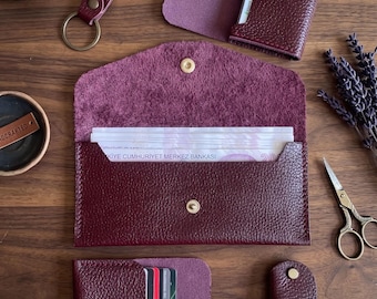 Personalized Handmade Burgundy Leather Cash Envelope Wallet, Slim Money Pouch Sleeve