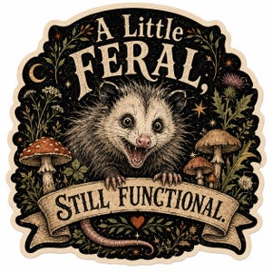 May include: A die-cut sticker featuring a detailed illustration of an opossum with its mouth open, surrounded by mushrooms and wildflowers on a black background. The text reads A Little FERAL, STILL FUNCTIONAL. The design includes a banner.