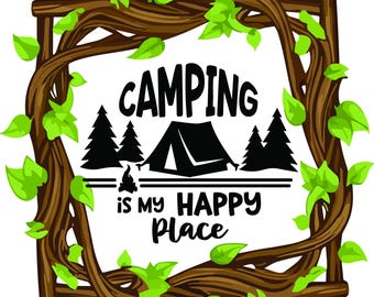 Pegatina - Acampar es mi lugar feliz / Vinilo adhesivo para acampar / Aventura al aire libre / Regalo para campistas / Resistente al agua