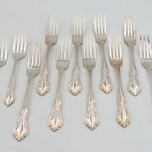 May include: A collection of silver forks with ornate handles. The forks are arranged on a light gray surface. The tines are evenly spaced, and the handles feature a detailed floral design. The forks are likely for formal dining.