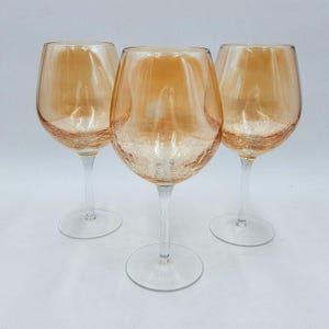 Pier 1 One Golden Luster Amber Crackle Mouth Blown Balloon Red Wine Glass Set/3