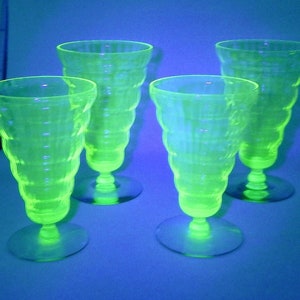 Utility Glass Works Cambodia Ware Vaseline Green Foot Ice Tea Water Goblet Set 4