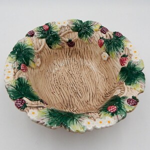 Puede incluir: Un tazón de cerámica con un patrón tejido marrón y blanco y un diseño floral verde y blanco alrededor del borde. El tazón presenta fresas y hojas en relieve.