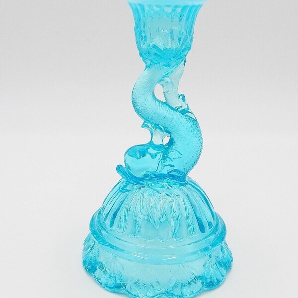 Northwood Glass Dolphin Koi Fish Petticoat Blue Candle Holder Shell Glows