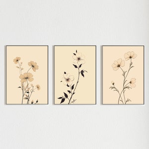 Minimalist Flowers | Set Of 3 Wall Art, Floral Wall Art, Botanical Print, Japandi Decor, Beige Wall Art, Japan Home Decor, Neutral Poster