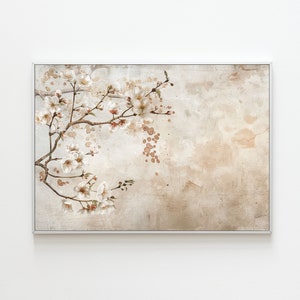 ホワイトチェリー | 禅の壁アート、桜のアート、植物のプリント、ミニマリストポスター、油絵スタイル、ヴィンテージホームデコレーション、レトロポスター