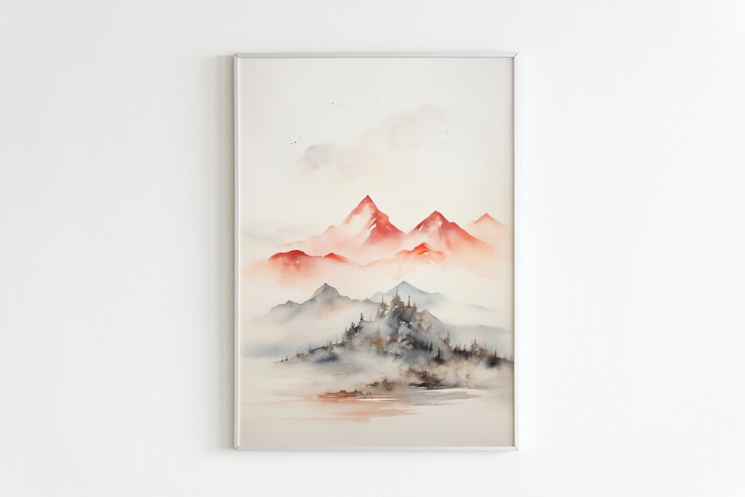 Crimson Peaks | Watercolor Mountains, Mountain Wall Art, Japan Home ...