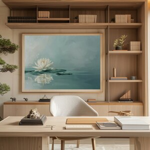 The composition captures the minimalistic elegance typical of Asian home decor while resonating with Scandinavian decor. print of water lily and lotus flower art reflects the tranquility of nature.