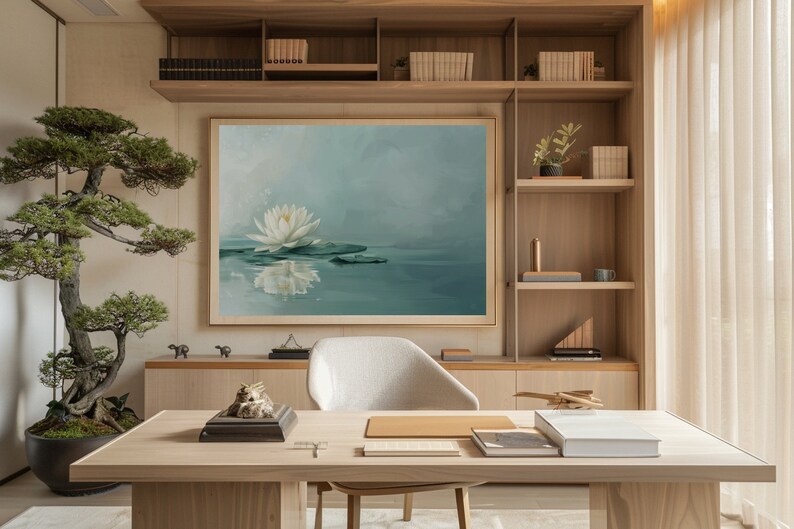 The composition captures the minimalistic elegance typical of Asian home decor while resonating with Scandinavian decor. print of water lily and lotus flower art reflects the tranquility of nature.