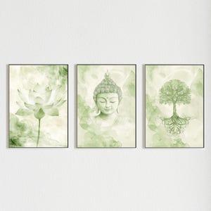 Sage Green Zen Prints | Japandi Decor, Yoga Studio Wall Art, Tree Of Life, Buddha and Lotus Flower in Set of 3, Meditation Printable Posters