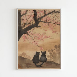 Cats Under Sakura | Japanese Woodblock Print, Japanese Cat Print, Japanese Vintage Art, Japanese Wall Art, Zen Wall Art, Botanical Print