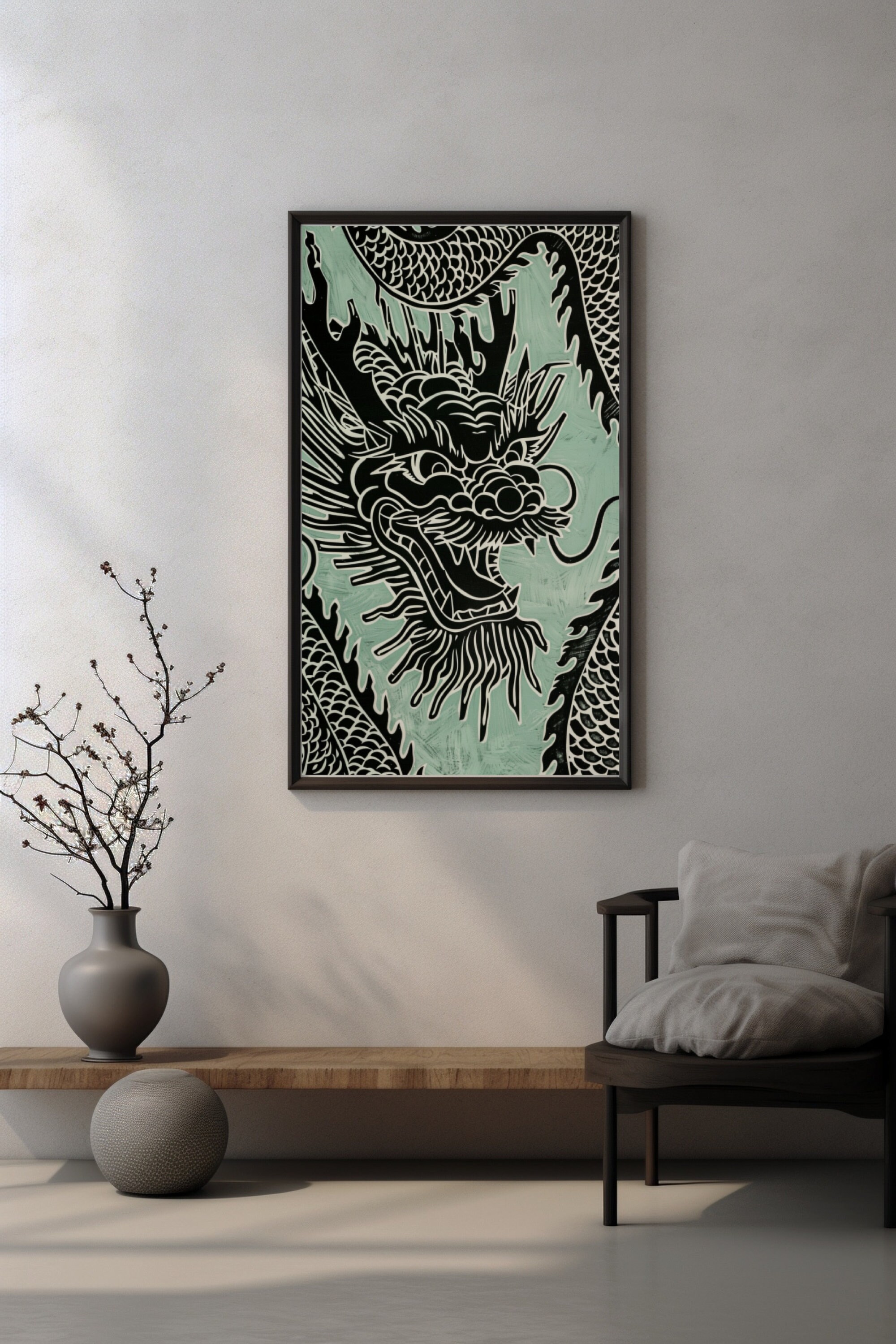 Japanese Dragon Sage Green Wall Art, Linocut Print, Ukiyoe Poster