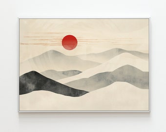 Könnte beinhalten: Ein minimalistischer digitaler Kunstdruck mit einer roten Sonne, die über einer Landschaft aus grauen und weißen Bergen untergeht. Der Druck hat einen strukturierten Hintergrund und einen weißen Rahmen.