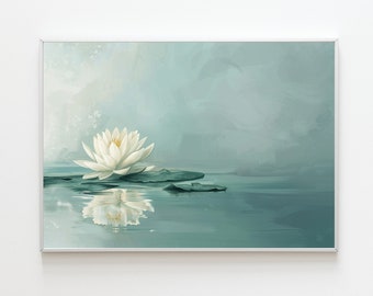 Könnte beinhalten: Eine weiße Seerose mit grünen Blättern schwimmt auf einer türkisblauen Wasseroberfläche. Die Seerose spiegelt sich im Wasser. Der Hintergrund ist ein sanftes, hellblaues mit weißen Wolken.