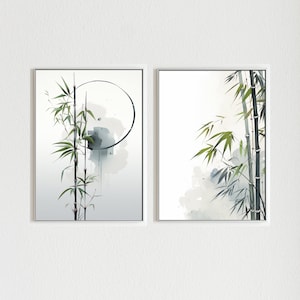 Bamboo Wall Art | Set of 2 Zen Wall Art, Japandi Decor, Minimalist Japanese Art, Japan Home Decor, Asian Art Print, Neutral Green Poster