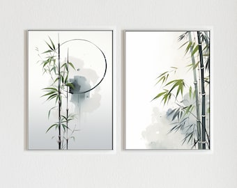 May include: Two framed prints with a watercolor style design of bamboo plants in shades of green and black on a white background.