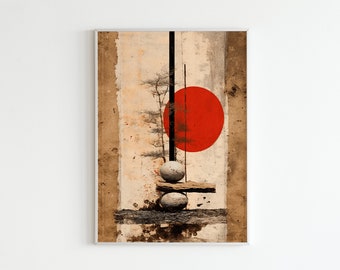 Op de afbeelding: Abstracte kunstprint met een rode cirkel, een zwarte verticale lijn en drie gestapelde stenen op een textuur achtergrond.