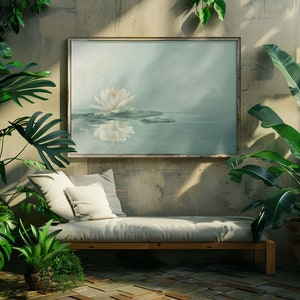 The graceful water lily, set against a backdrop of soft, neutral colors, creates a peaceful art piece that enhances any space. harmonizes with both Japandi and Scandinavian decor styles, offering a serene addition to any Asian home decor collection.