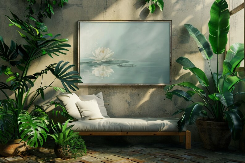 The graceful water lily, set against a backdrop of soft, neutral colors, creates a peaceful art piece that enhances any space. harmonizes with both Japandi and Scandinavian decor styles, offering a serene addition to any Asian home decor collection.