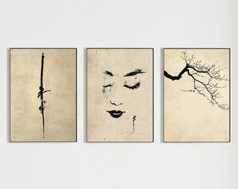 Puede incluir: Tres impresiones de arte minimalistas en blanco y negro enmarcadas. La impresión de la izquierda presenta una sola línea negra, la impresión del medio presenta el rostro de una mujer con los ojos cerrados, y la impresión de la derecha presenta una rama negra con hojas.