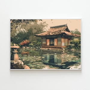 Lotus Pond | Heritage Art, Traditional Japanese, Vintage Style, Zen Decor, Japanese landscape, Ukiyo-e Style, Relaxing Wall Art