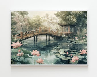 Japanese Garden Print | Lotus Pond, Wood Bridge (Digital Download)