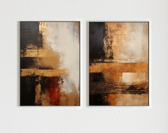 Op de afbeelding: Twee abstracte schilderijen in witte lijsten. De schilderijen zijn in tinten bruin, goud en zwart. De schilderijen hangen naast elkaar aan een witte muur.