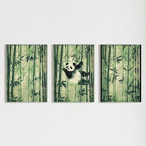 Panda On Bamboo |  Nursery Decor, Wall Art Set Of 3, Green Bamboo Art, Zen Wall Art, Japanese Poster, Bamboo Wall Art, Botanical Art