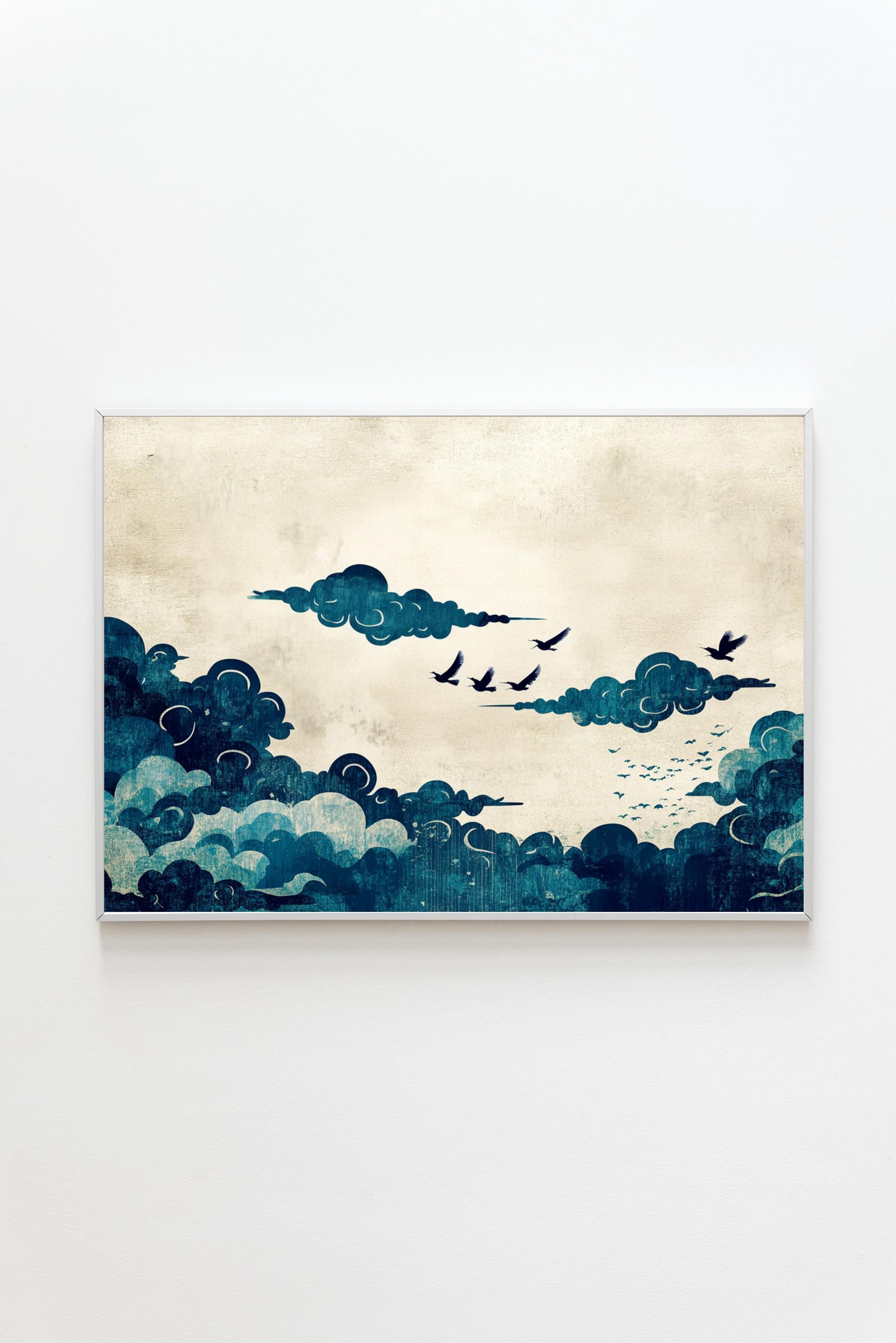 Ukiyoe Birds Print | Japanese Woodblock Style, Cloud Painting