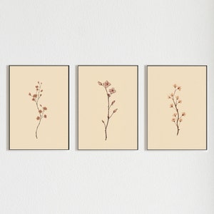 Cherry Blossom | Set Of 3 Wall Art, Floral Wall Art, Botanical Print, Japandi Decor, Beige Wall Art, Japan Home Decor, Neutral Poster
