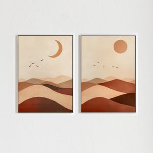 Moon & Sun Set | 2 Piece Wall Art Prints, Japandi Wall Art, Scandinavian Earth Tone Wall Art, Beige Boho Print Set, Minimalist Zen Decor