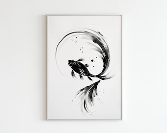Koi Zen Circle | Botanical Print, Minimalist Japanese Art, Japan Home Decor, Asian Art Print, Koi Fish Poster, Geometric Art Print