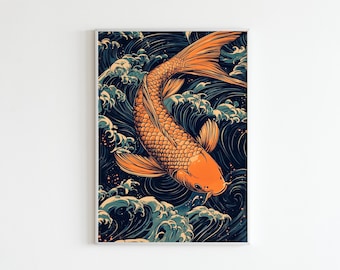 Hokusai Koi Fish |  Woodblock Print, Linocut Print, Ukiyoe Poster, Hokusai Wall Art, Zen Wall Art, Japanese Wall Art, Japanese Waves Art