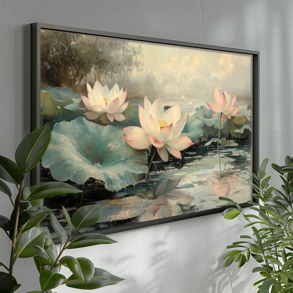 Lotus Flower Pond Art Print | Japanese Botanical Decor (digital ...