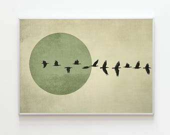 Sage Green Flock Of Birds | Modern Japanese Wall Art, Green Sun Print, Minimalist Japandi Wall Art, Earthy Tones Decor, Scandinavian Style