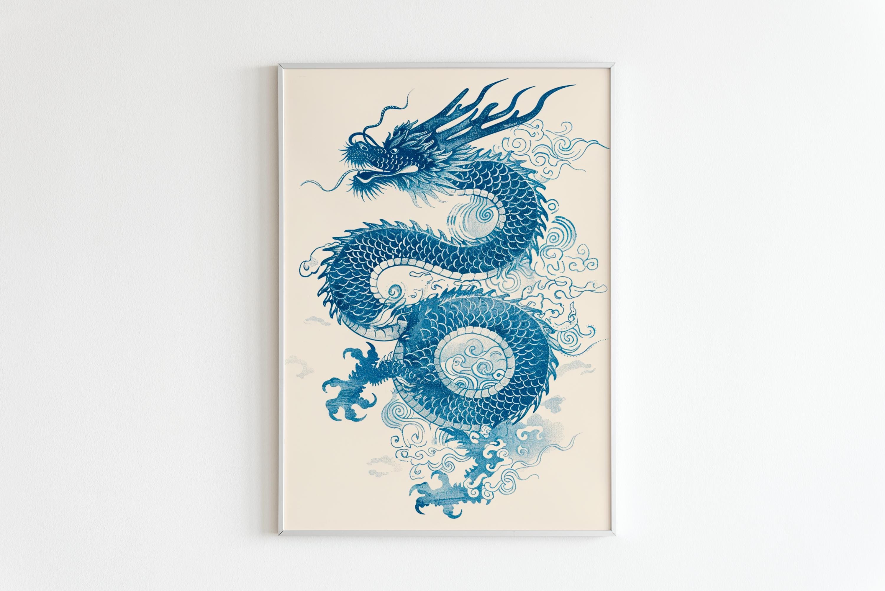 Blue Dragon Print | Japanese Mystical Wall Art, Linocut Print