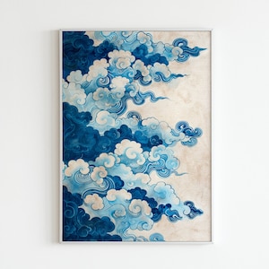 Könnte beinhalten: Ein gerahmter Druck eines abstrakten Wolkenmusters in Blau und Weiß. Die Wolken sind stilisiert und erinnern an traditionelle chinesische oder japanische Kunst.