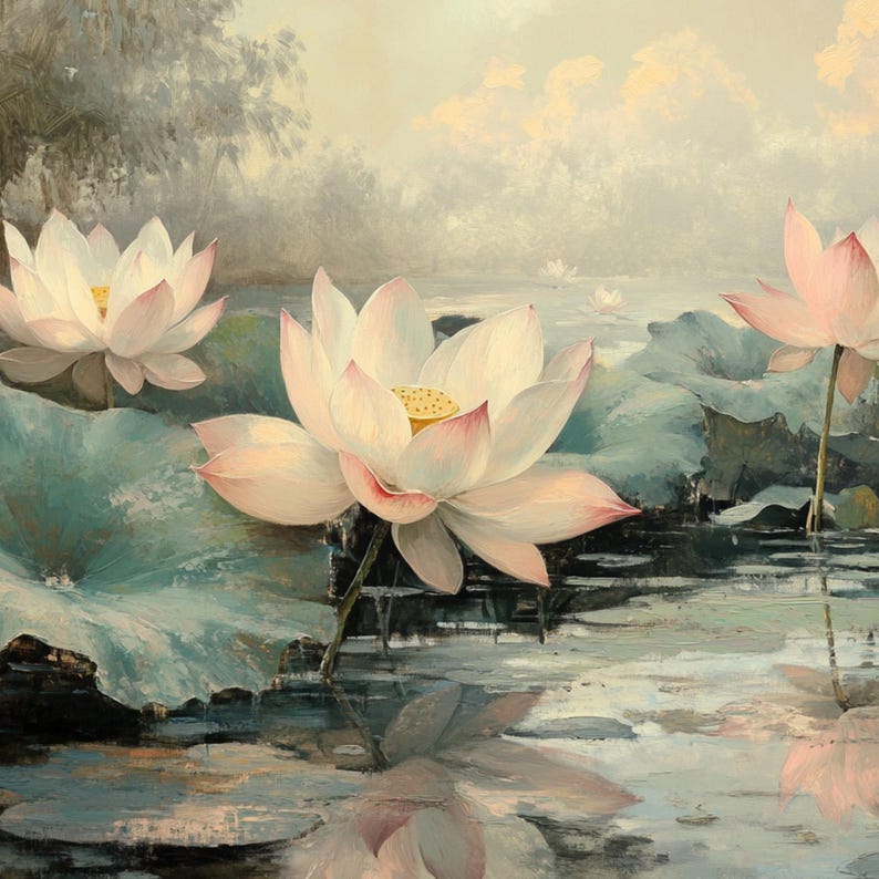 Lotus Flower Pond Art Print | Japanese Botanical Decor (digital ...