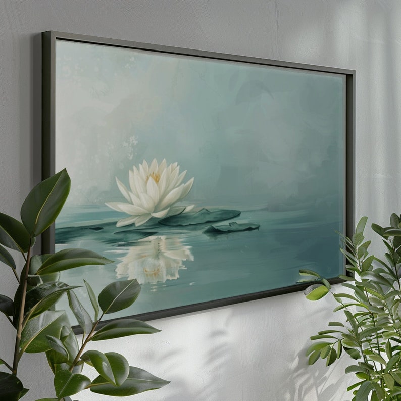 Featuring a graceful water lily, this botanical art piece reflects the delicate beauty of a lotus flower, symbolizing purity and peace.