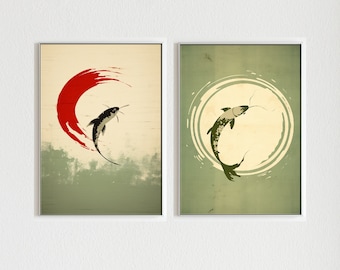 Koi Zen Orbit | Set of 2 Zen Wall Art, Sage Green Wall Art, Koi Fish Art, Japandi Decor, Minimalist Japanese Art, Japan Home Decor, Koi Art