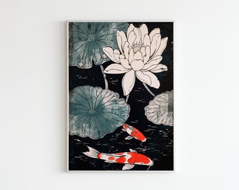 Koi In Lotus | Zen Wall Art, Koi Fish Poster, Botanical Art Print Ukiyo-e Print, Japanese Poster, Vintage Poster, Japanese Decor, Koi Pond