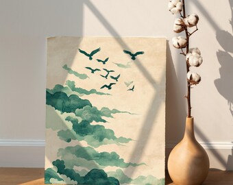 Sage Green Birds and Clouds Japanese Print | Zen Wall Art (Digital Download)