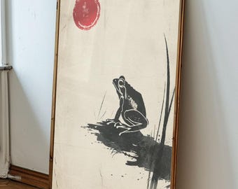 Frog & Sun Minimalist Nature | Zen Japanese Minimalist Art, Asian Animal Inspired Design, Japanese Aesthetic Decor, Japandi Retro Artwork