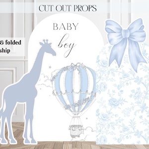 Globo aerostático azul con diseño de jirafa de Toile de Jouy francés vintage, lazo recortado, accesorios personalizados para bebé niño, arco de fondo, decoración para fiesta de bienvenida, suministros para fiesta