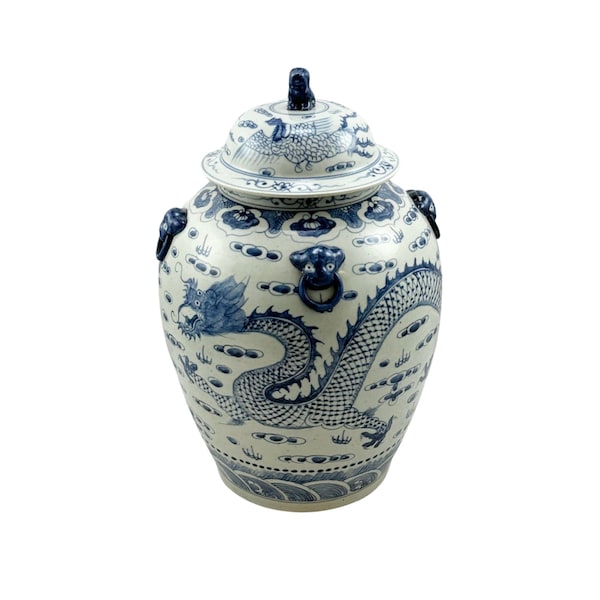 Porcelain Lidded Jar Dragon Motif With Lion Handles Blue&White