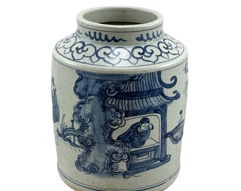 Porcelain Open Top Jar Ancient People Motif Blue&White