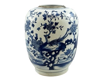 Handmade Spring Flower & Birds Motif Vase Blue and White